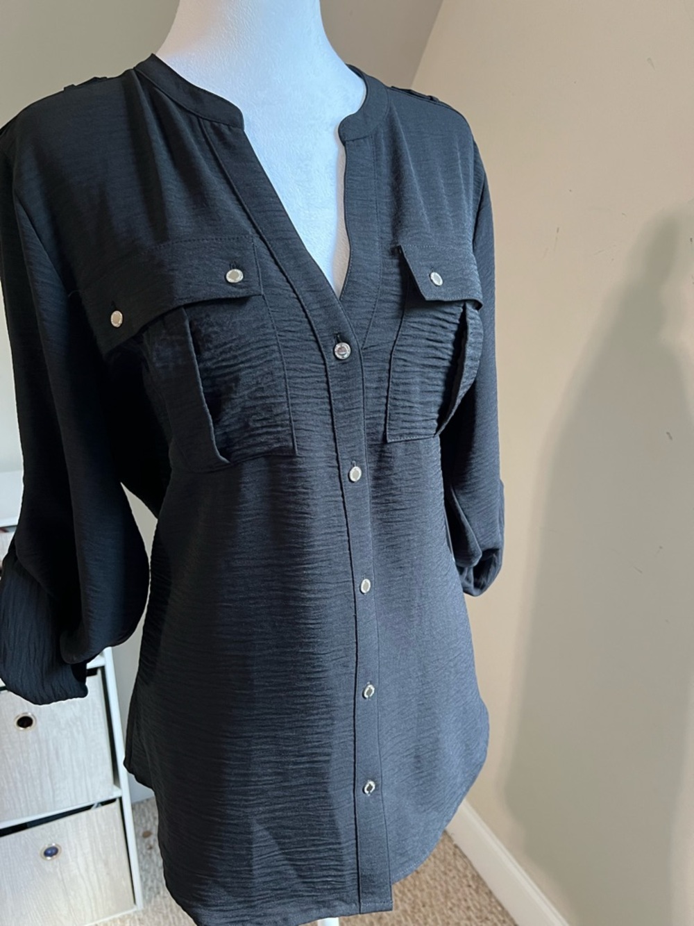 Calvin Klein Black Textured Button-Front Blouse